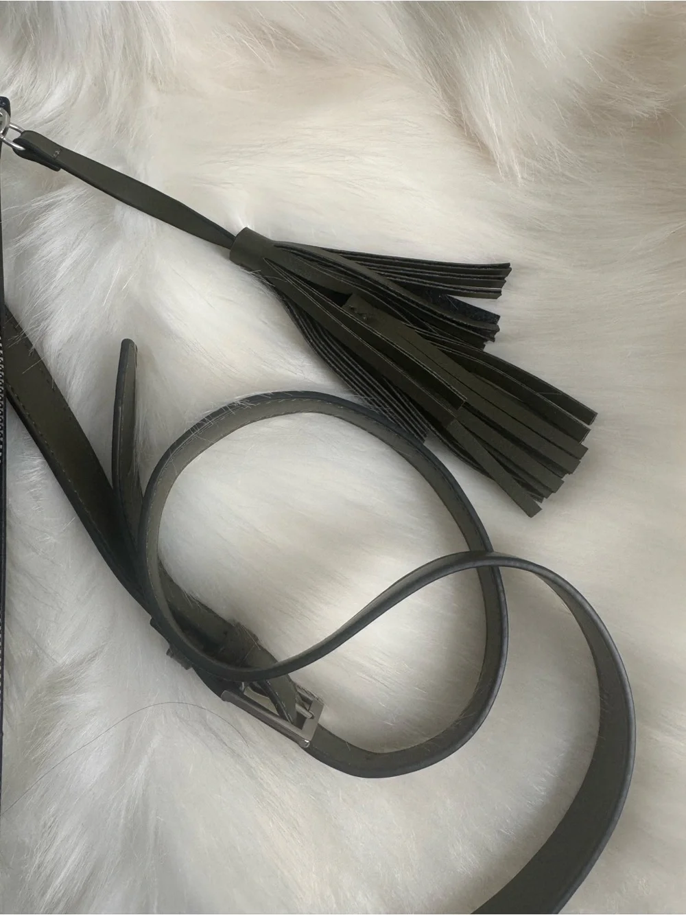 French Connection Olive and Taupe Patchwork Crossbody with Tassel